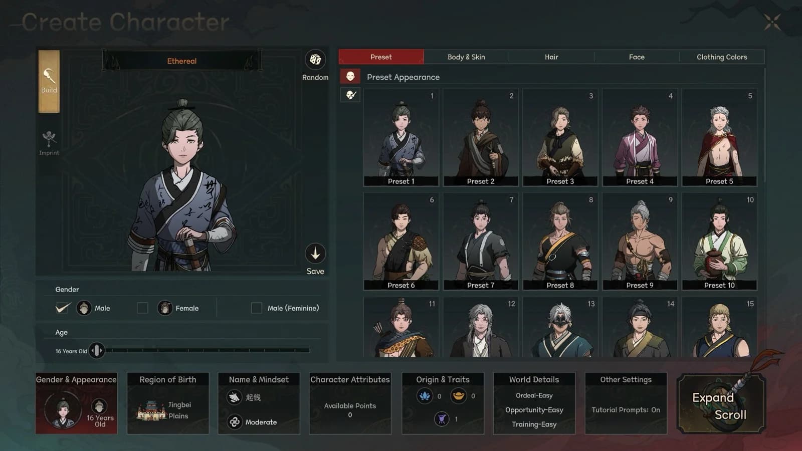 Character creation screen in Scroll of Taiwu 1.0 English UI showing appearance presets and the Region of Birth, Mindset, Attributes, Origin and Traits, and World Details setup steps
