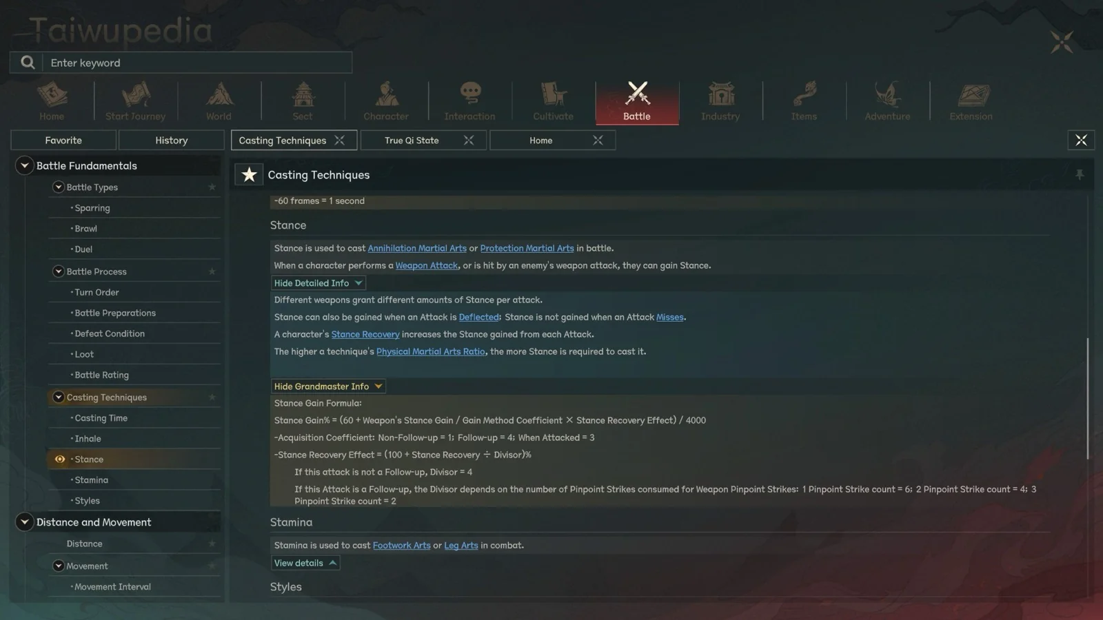 Taiwupedia Battle page in Scroll of Taiwu 1.0 English UI explaining Stance, Inhale, and Stamina casting resources
