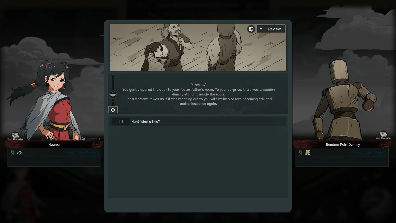 Scroll of Taiwu 1.0 English story dialogue pane showing the hidden text-size slider revealed by the settings gear
