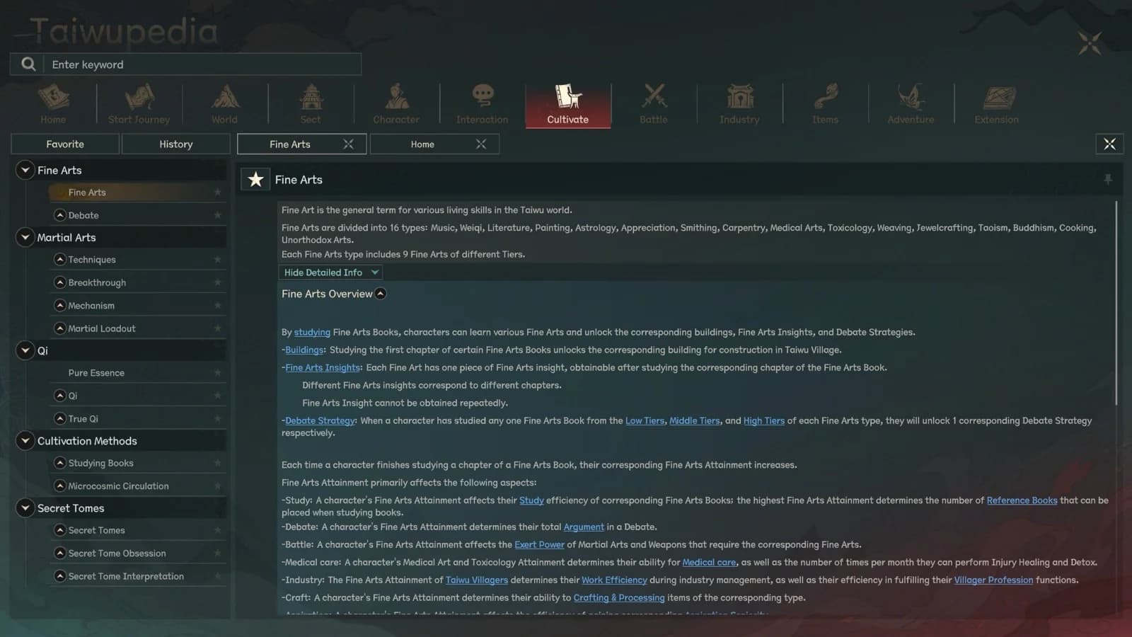 Taiwupedia Fine Arts page in Scroll of Taiwu 1.0 English UI describing the 16 Fine Arts types and Fine Arts Attainment