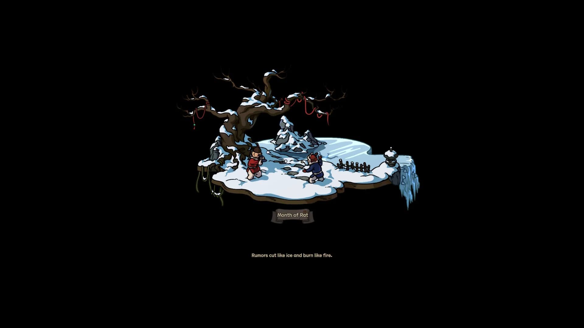 Scroll of Taiwu 1.0 Month of Rat seasonal transition cinematic showing two miniature characters on a snowy island with a bare tree and the quote Rumors cut like ice and burn like fire