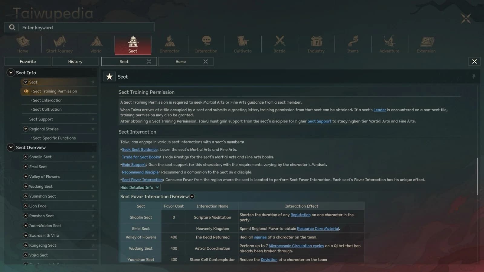 Taiwupedia Sect page in Scroll of Taiwu 1.0 English UI explaining Sect Training Permission, Sect Interaction, and Sect Favor Interaction