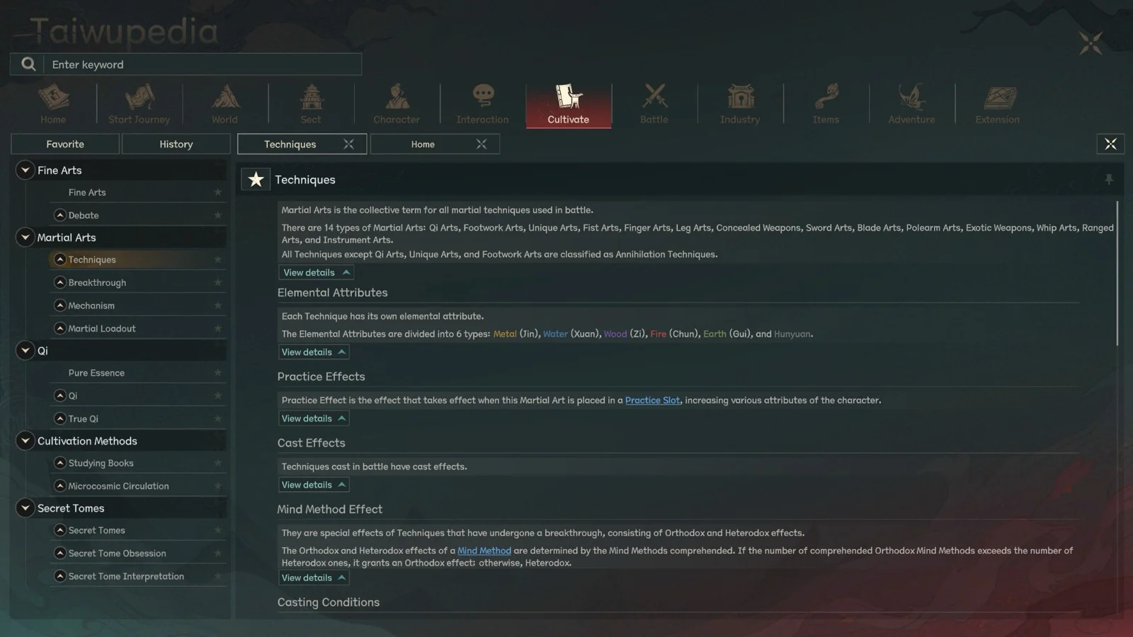 Taiwupedia Techniques page in Scroll of Taiwu 1.0 English UI listing the 14 Martial Arts types and elemental attributes