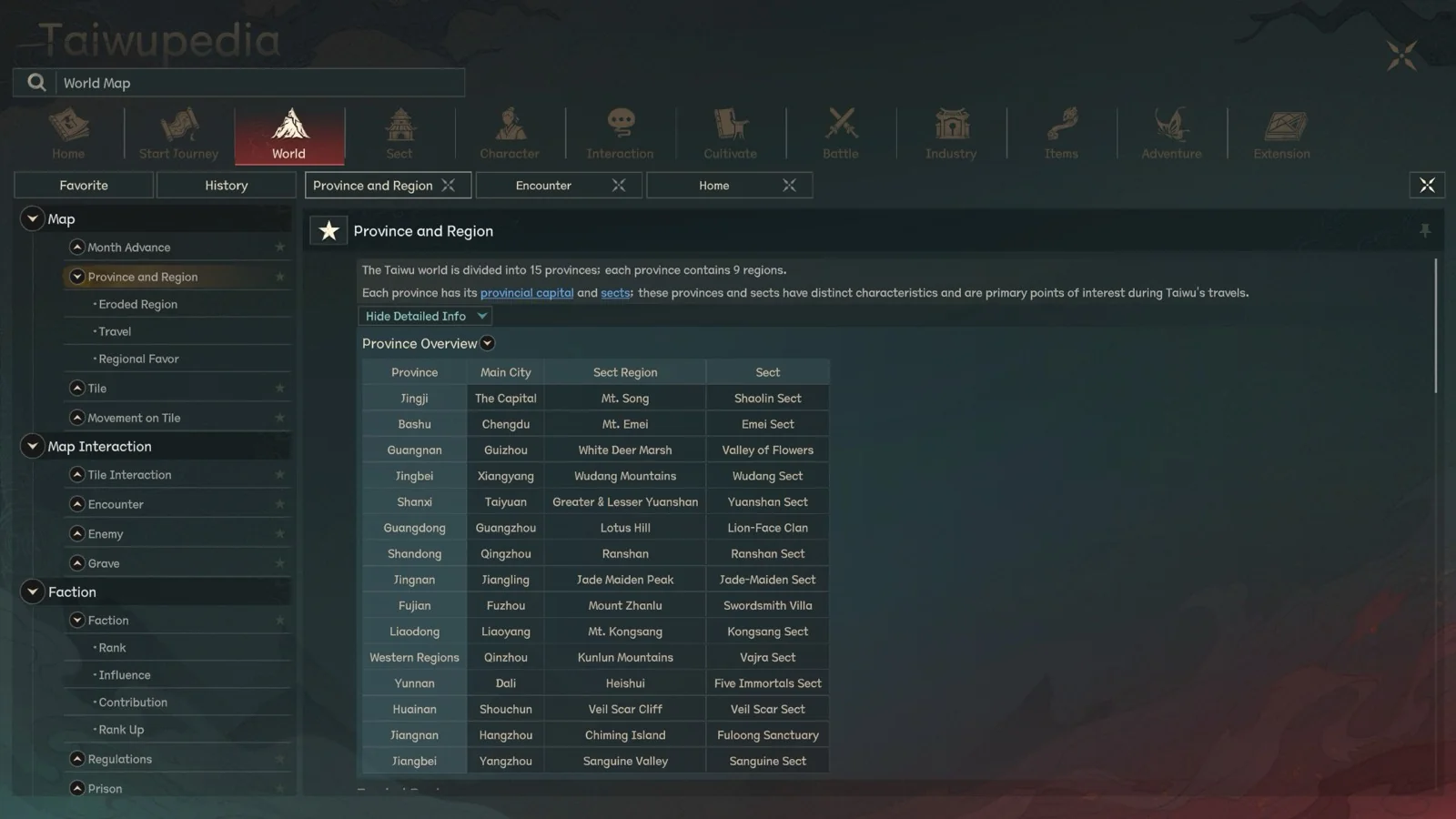 Scroll of Taiwu 1.0 English Taiwupedia Province Overview table listing all 15 provinces with capitals, sect regions, and sect names