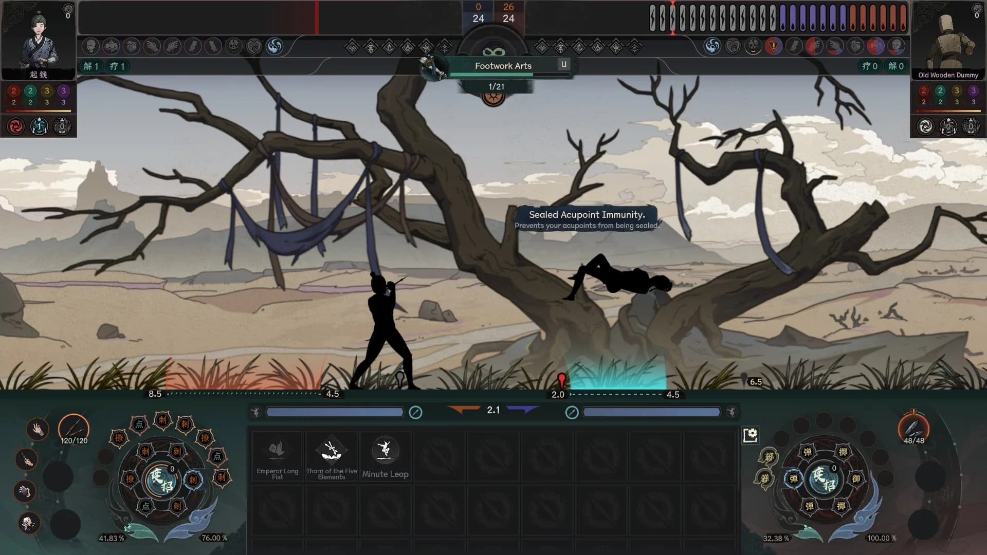Scroll of Taiwu 1.0 combat showing Footwork Arts knocking the enemy down with the Sealed Acupoint Immunity buff tooltip visible, explaining it prevents acupoints from being sealed