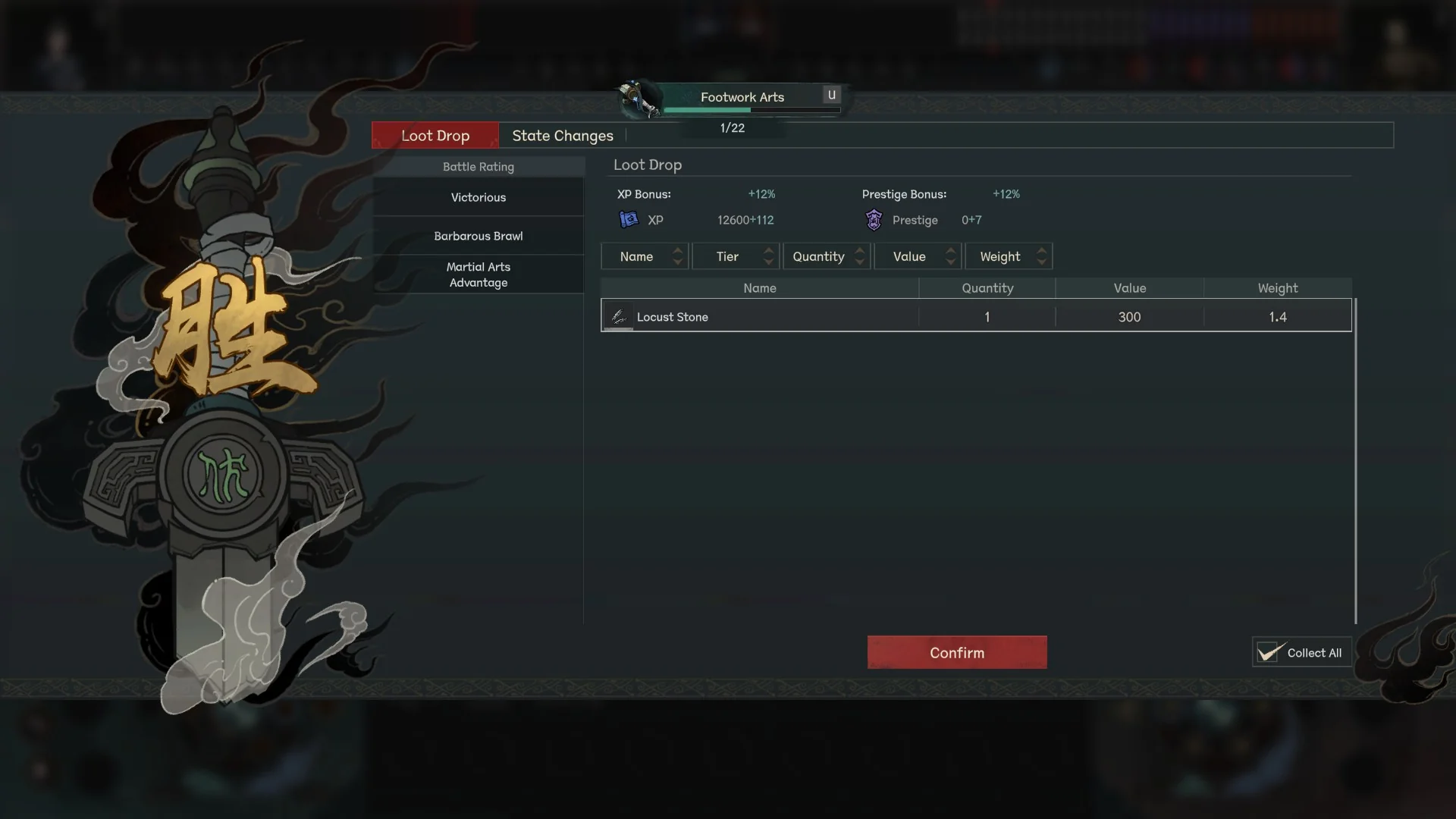 Scroll of Taiwu 1.0 post-battle Loot Drop screen showing Battle Rating Victorious with Barbarous Brawl and Martial Arts Advantage bonuses, XP bonus plus 12 percent, Prestige bonus plus 12 percent, and loot item Locust Stone