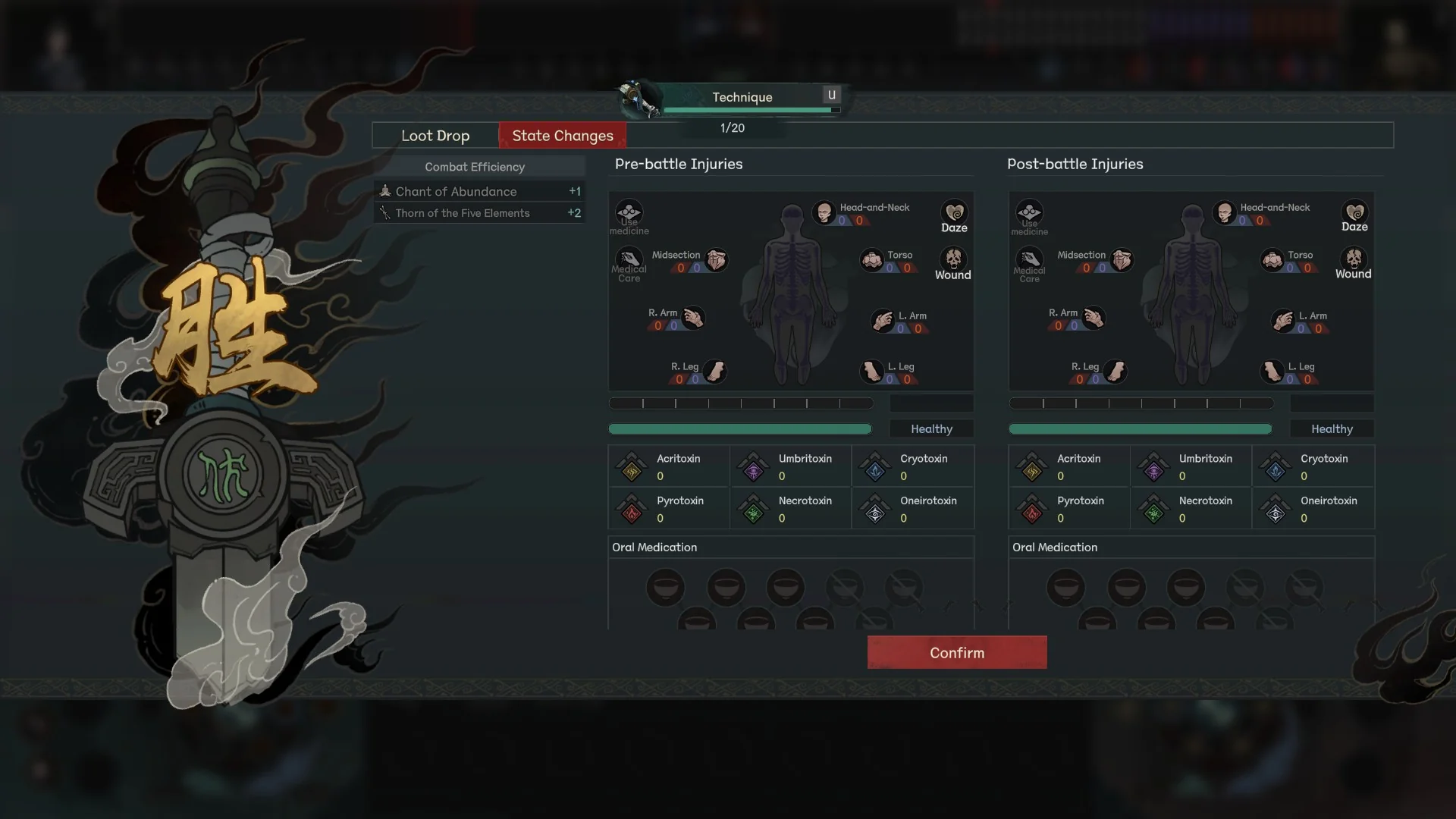 Scroll of Taiwu 1.0 post-battle State Changes screen comparing Pre-battle and Post-battle injury diagrams side by side, showing all body parts Healthy, with Combat Efficiency gains for Chant of Abundance and Thorn of Five Elements