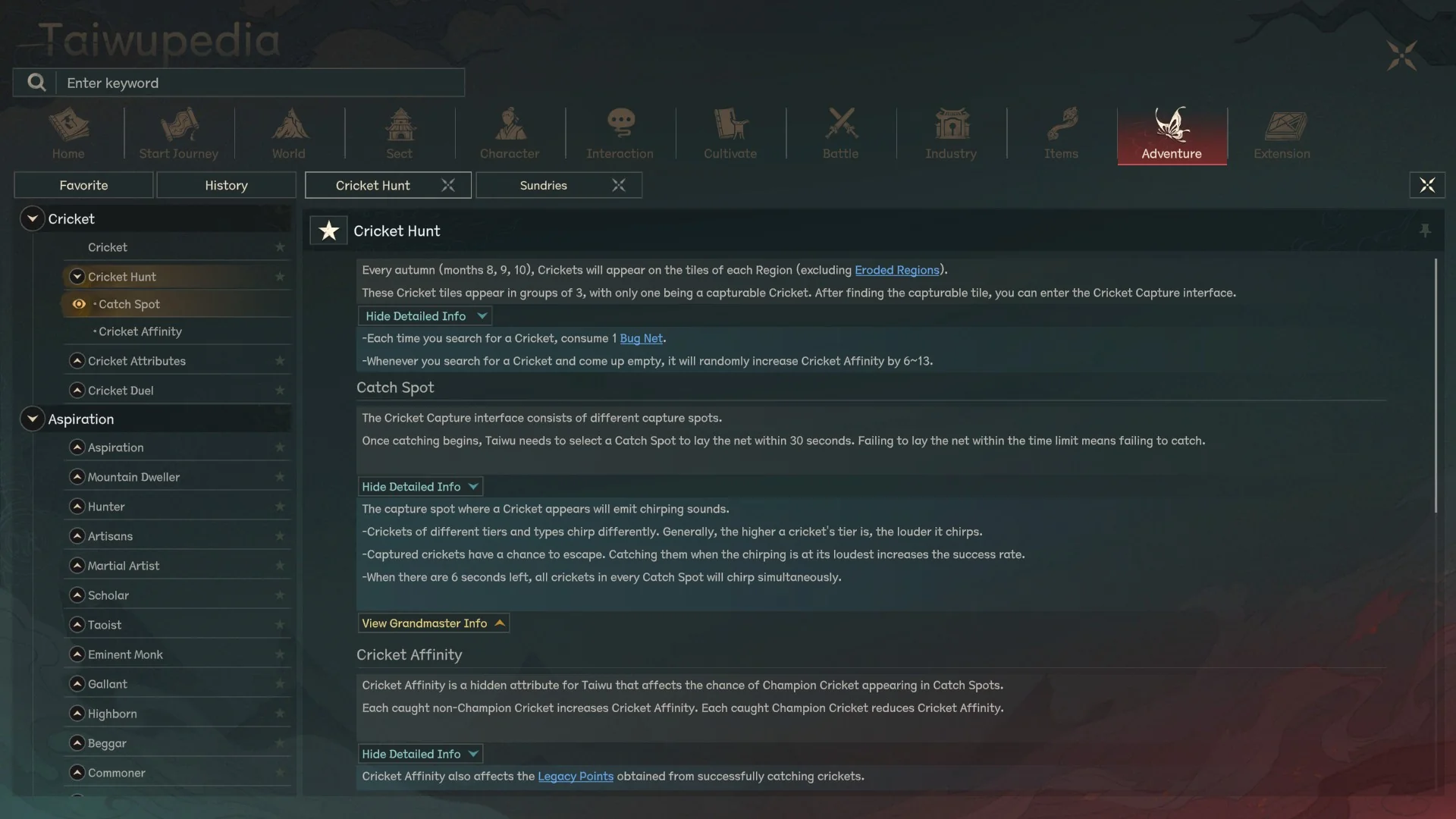 Scroll of Taiwu 1.0 English Taiwupedia entry for Cricket Hunt, explaining that crickets appear in autumn months 8-10 on Region tiles in groups of three, each search consumes a Bug Net, and how the Catch Spot capture interface works