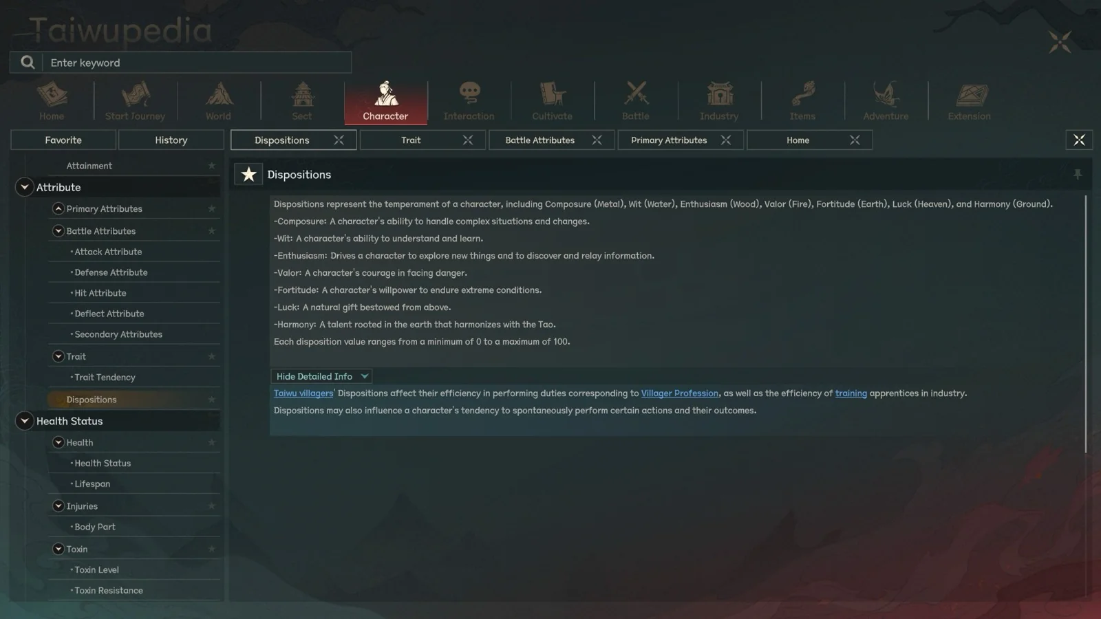 Taiwupedia Dispositions page in Scroll of Taiwu 1.0 English UI listing Composure, Wit, Enthusiasm, Valor, Fortitude, Luck, and Harmony