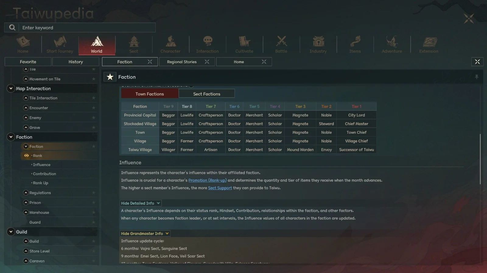 Taiwupedia Faction Rank page in Scroll of Taiwu 1.0 English UI showing the town and sect rank ladders from Tier 9 up to Tier 1