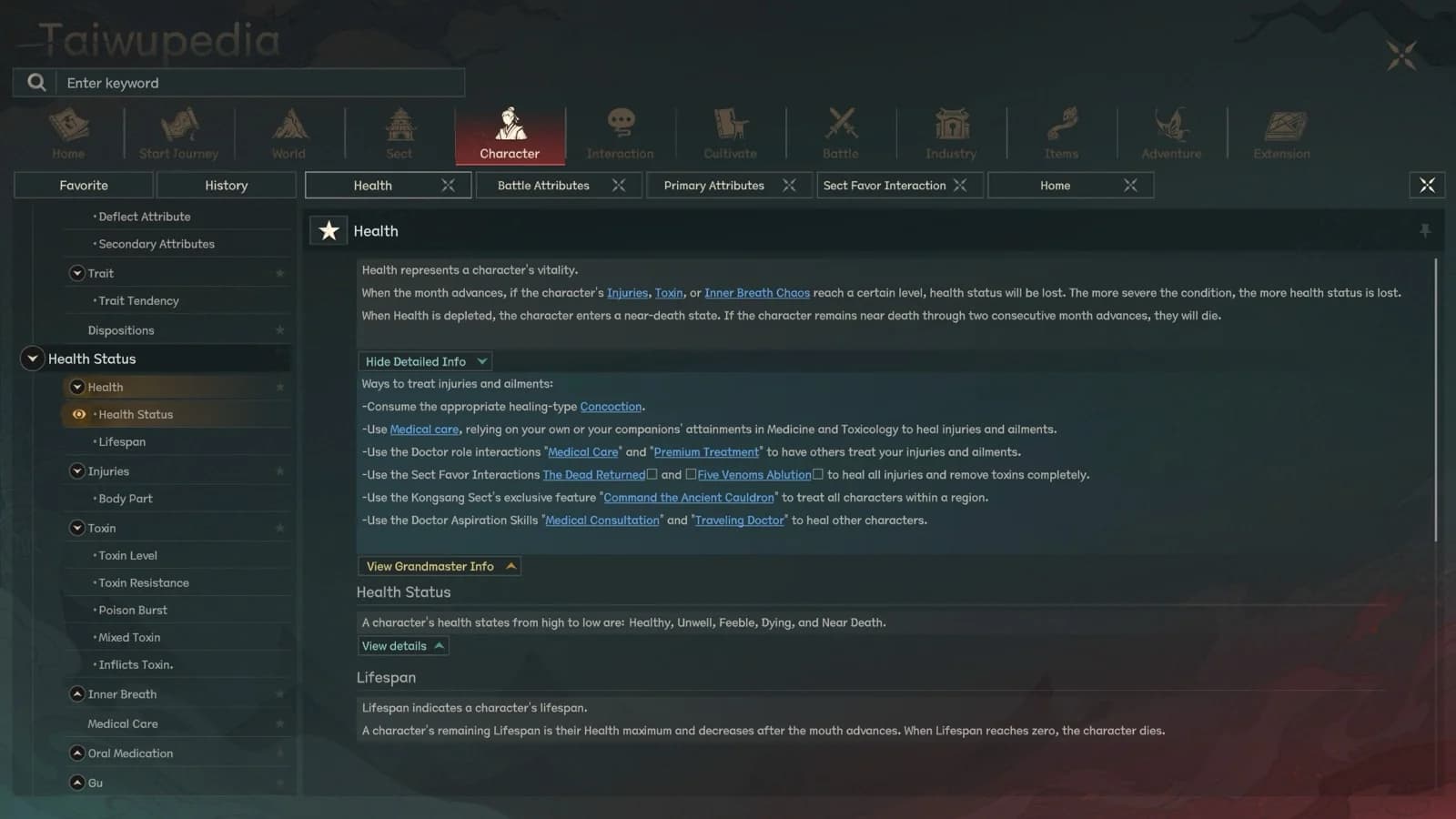 Taiwupedia Health page in Scroll of Taiwu 1.0 English UI explaining how injuries, toxins, and Inner Breath Chaos reduce health, and the ways to treat them