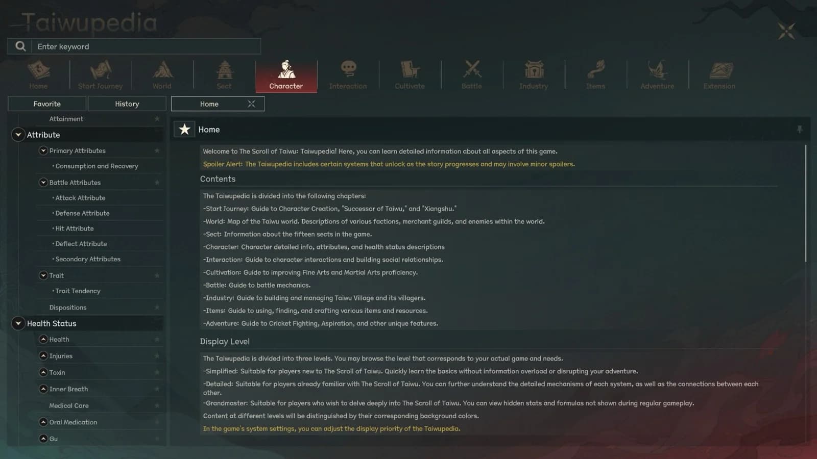 Taiwupedia home page in Scroll of Taiwu 1.0 English UI listing its chapters and the Simplified, Detailed, and Grandmaster display levels
