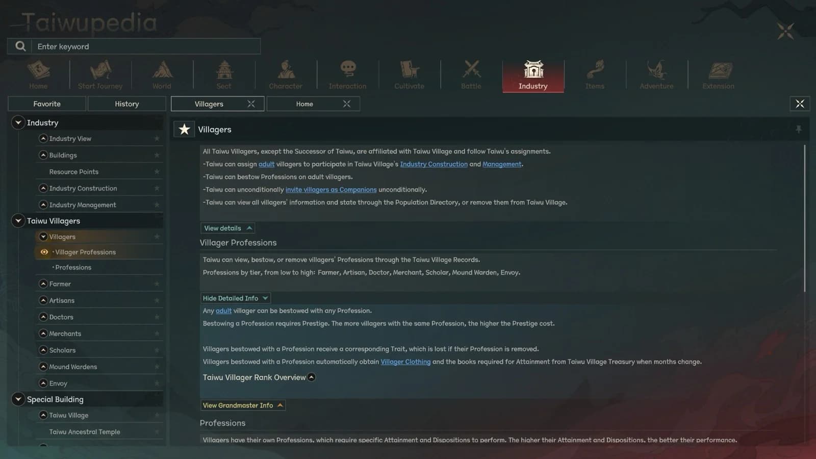 Taiwupedia Villagers page in Scroll of Taiwu 1.0 English UI explaining villager assignments and the Profession tiers