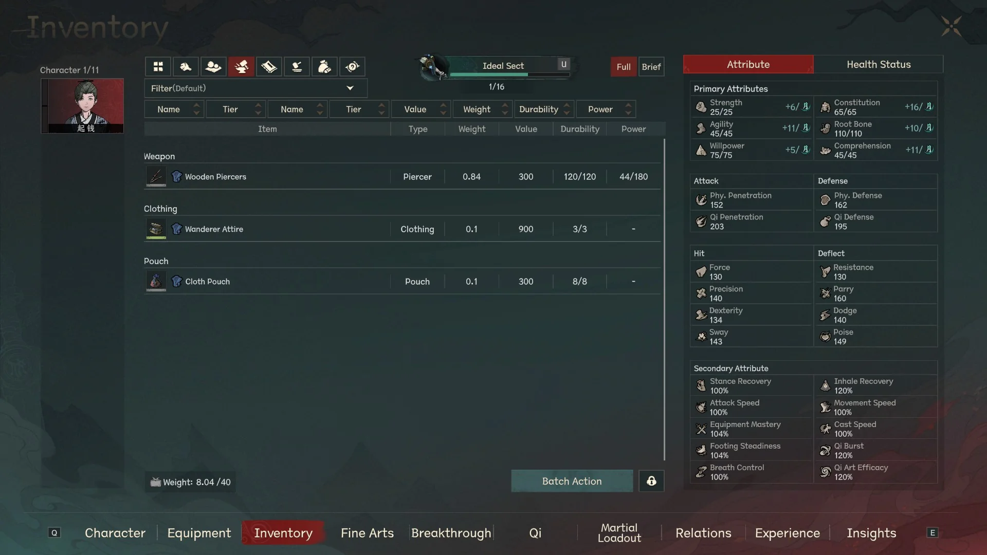 Scroll of Taiwu 1.0 Inventory screen showing the Wanderer Attire listed under the Clothing category with Durability 3/3