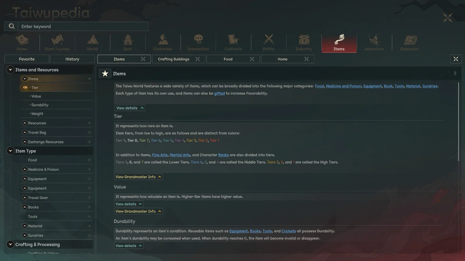 Taiwupedia Items page in Scroll of Taiwu 1.0 English UI explaining item Tier, Value, and Durability
