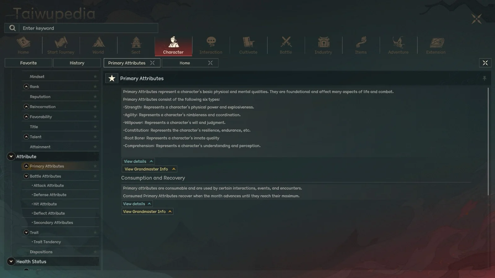 Primary Attributes screen in Scroll of Taiwu 1.0 English UI listing the six attributes: Strength, Agility, Willpower, Constitution, Root Bone, and Comprehension