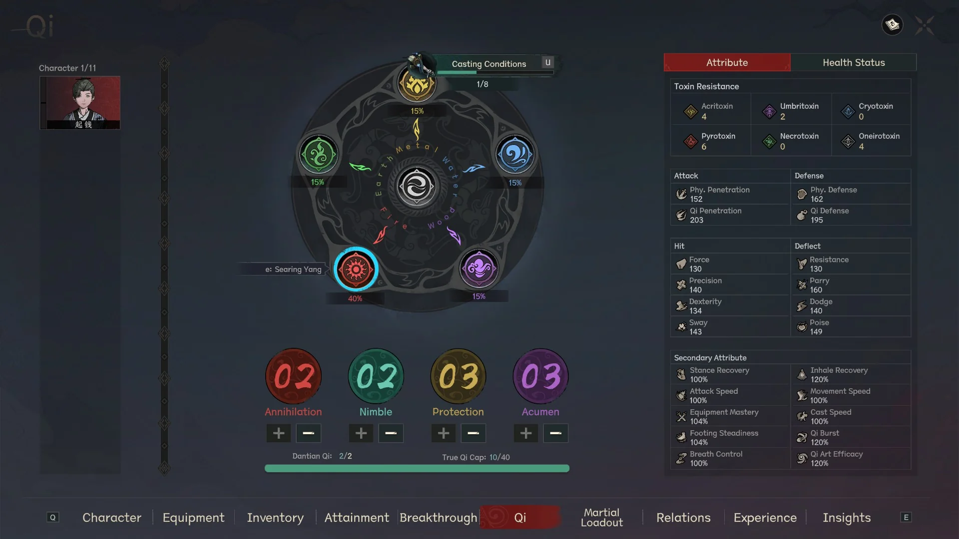 Scroll of Taiwu 1.0 Qi screen showing the True Qi circular wheel with Searing Yang labeled at 40 percent and four Qi type counters: Annihilation 02, Nimble 02, Protection 03, Acumen 03, alongside Dantian Qi 2 of 2 and True Qi Cap 10 of 40