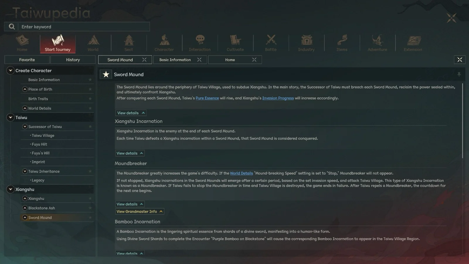 Taiwupedia Sword Mound page in Scroll of Taiwu 1.0 English UI explaining Sword Mounds, Xiangshu Incarnations, and the Moundbreaker