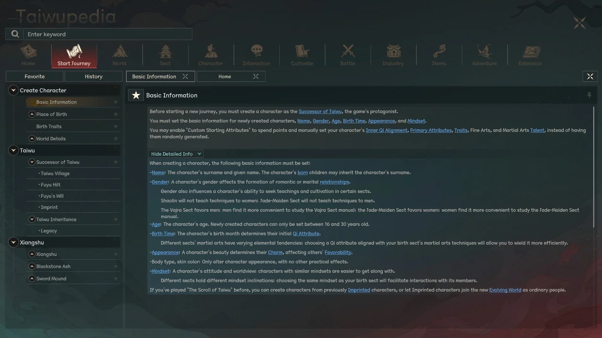 Taiwupedia Basic Information page in Scroll of Taiwu 1.0 English showing that Appearance sets Charm via beauty, while body type and skin color have no practical effects