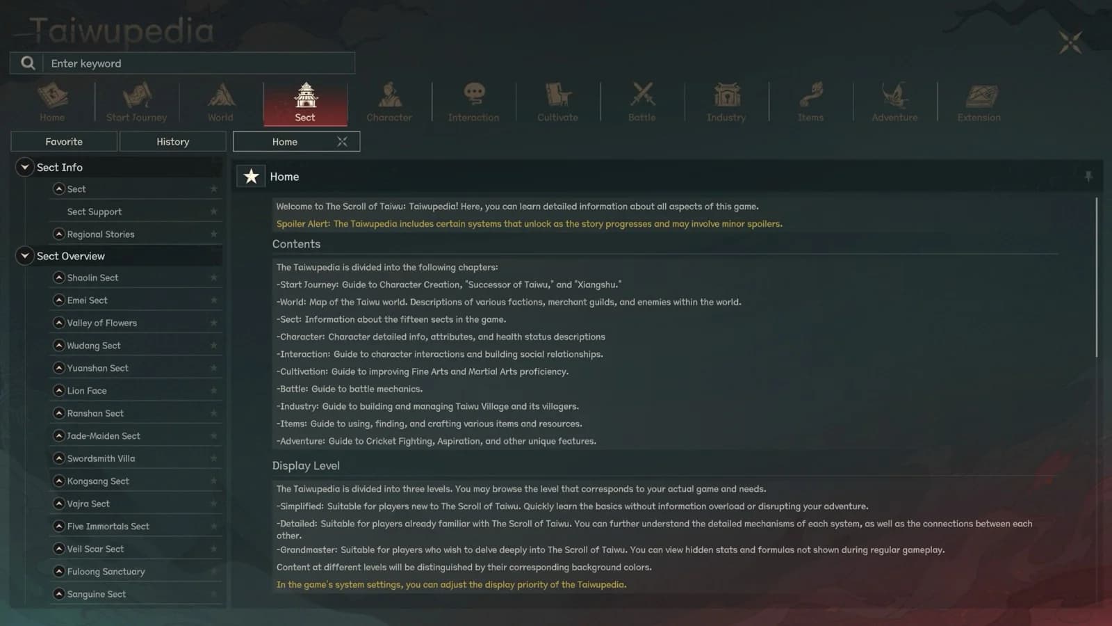 Taiwupedia sect list showing all 15 official English faction names in Scroll of Taiwu 1.0