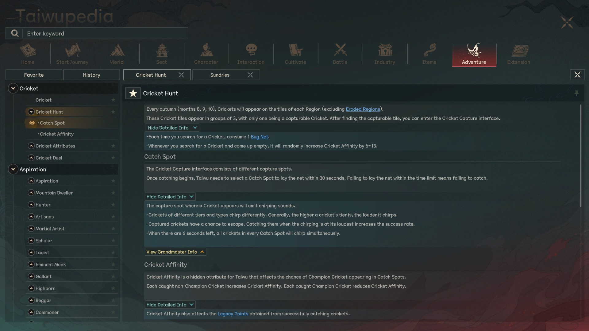 Scroll of Taiwu 1.0 English Taiwupedia entry for Cricket Hunt, explaining that crickets appear in autumn months 8-10 on Region tiles in groups of three, each search consumes a Bug Net, and how the Catch Spot capture interface works