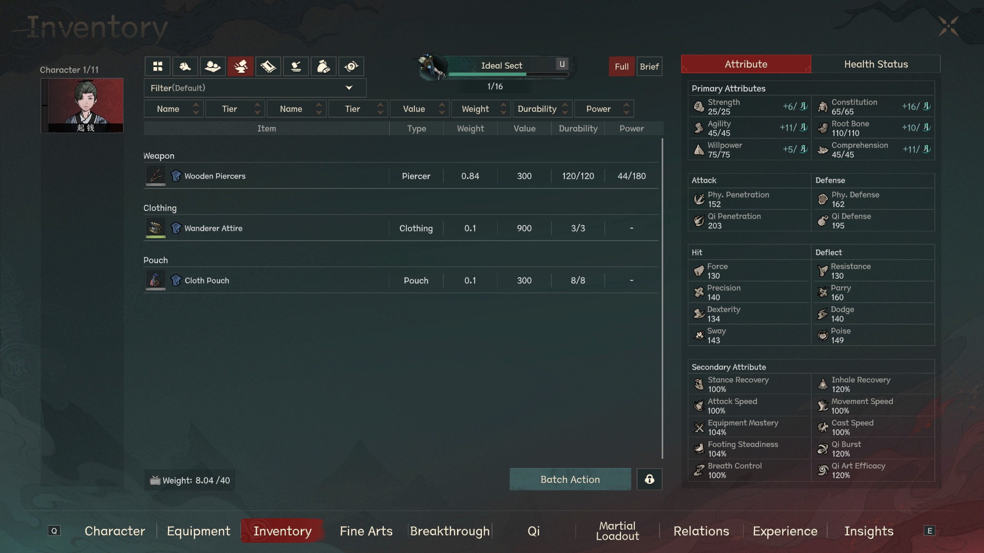 Scroll of Taiwu 1.0 Inventory screen showing the Wanderer Attire listed under the Clothing category with Durability 3/3