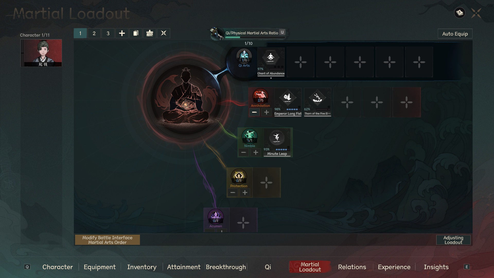 Scroll of Taiwu 1.0 Martial Loadout screen showing three preset slots at the top, a Qi Arts row with Chant of Abundance, and Annihilation row with Emperor Long Fist and Thorn of Five Elements, Nimble row with Minute Leap, and empty Protection and Acumen rows
