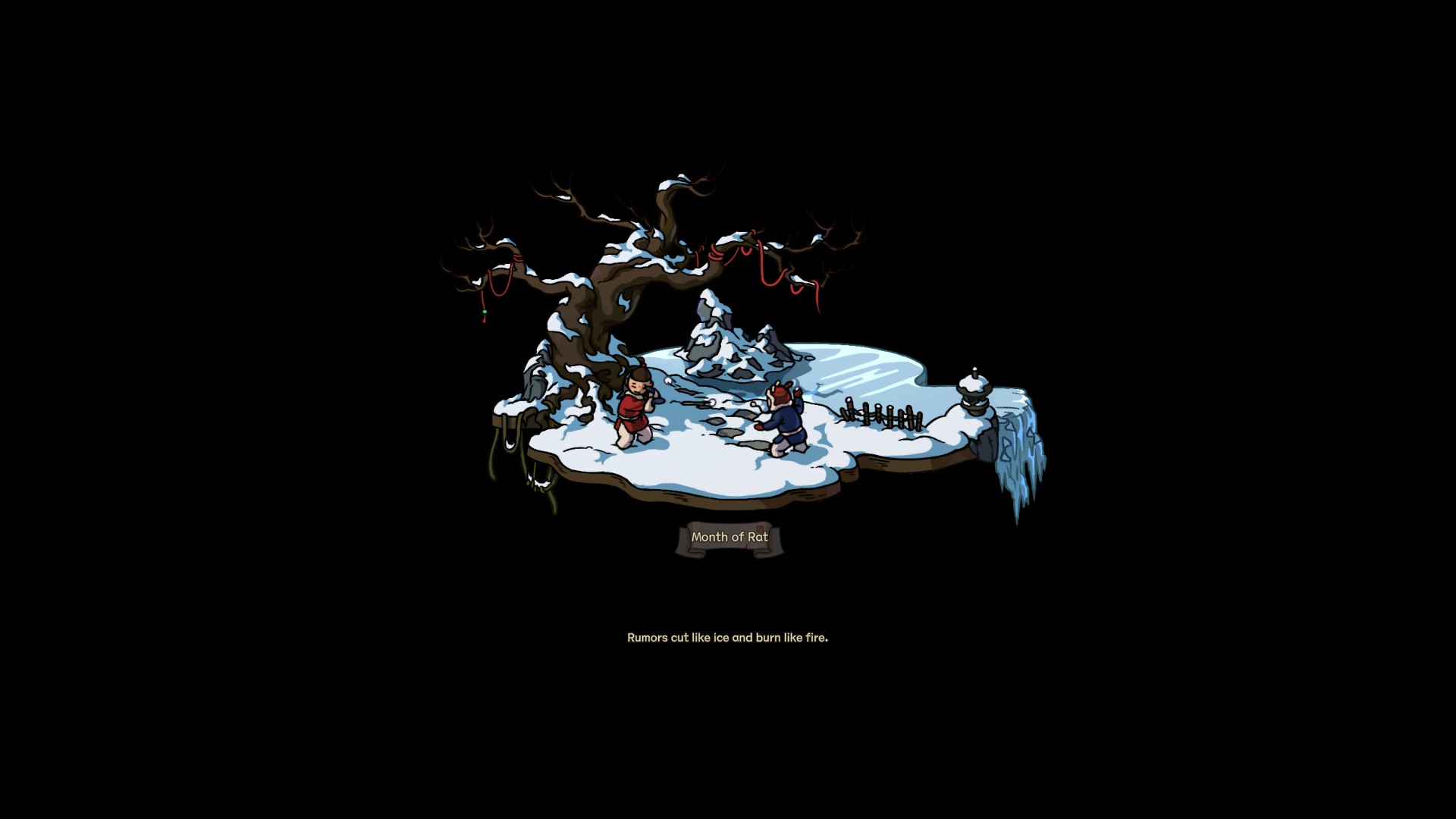 Scroll of Taiwu 1.0 Month of Rat seasonal transition cinematic showing two miniature characters on a snowy island with a bare tree and the quote Rumors cut like ice and burn like fire