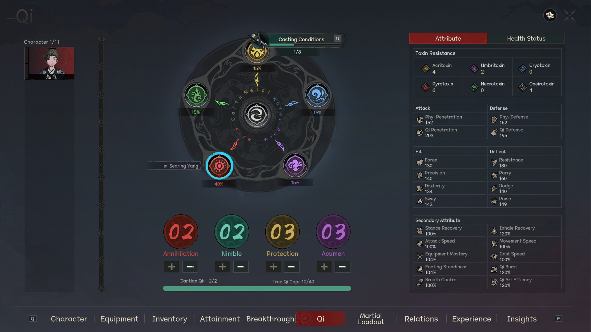 Scroll of Taiwu 1.0 Qi screen showing the True Qi circular wheel with Searing Yang labeled at 40 percent and four Qi type counters: Annihilation 02, Nimble 02, Protection 03, Acumen 03, alongside Dantian Qi 2 of 2 and True Qi Cap 10 of 40
