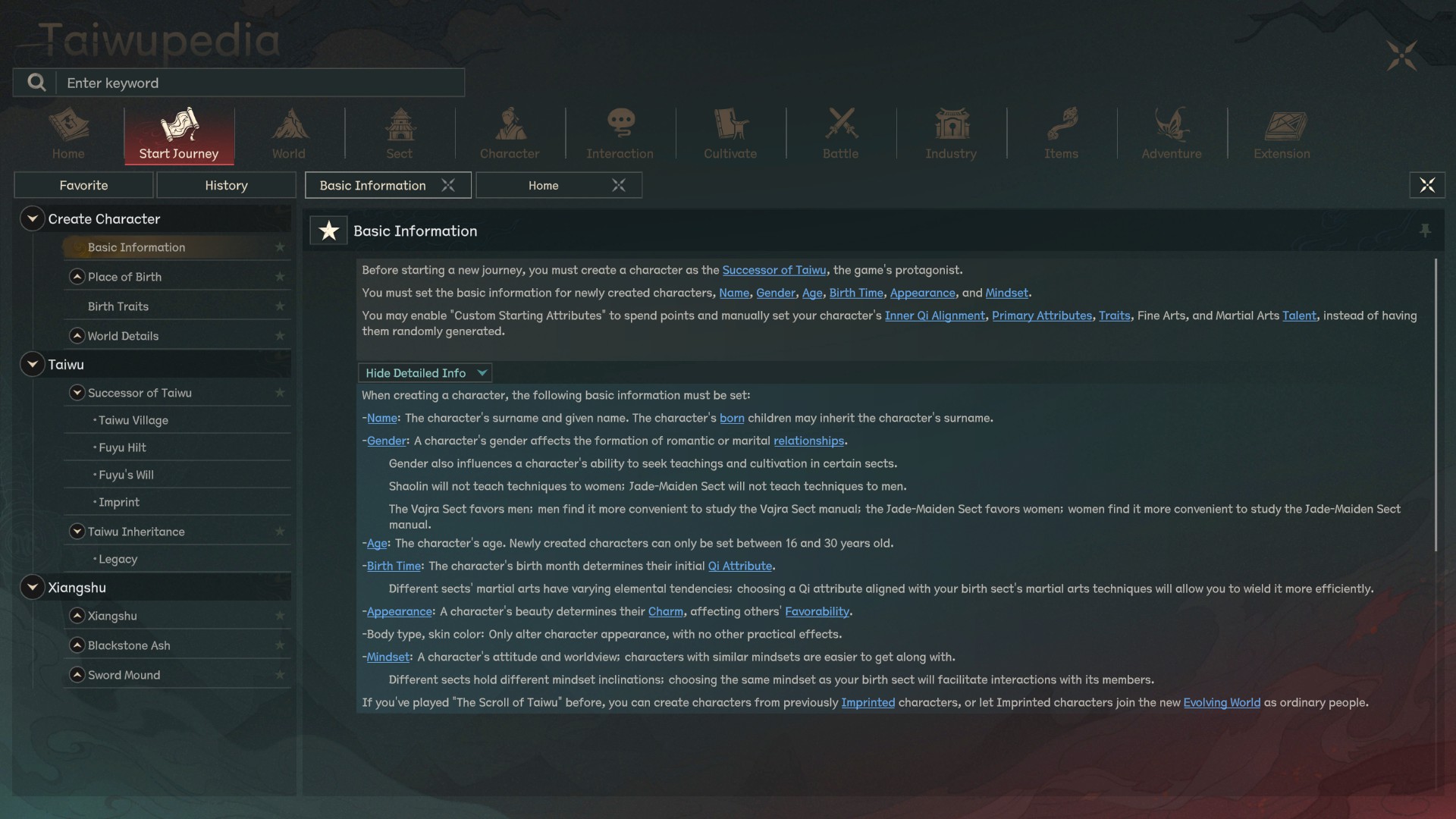 Taiwupedia Basic Information page in Scroll of Taiwu 1.0 English showing that Appearance sets Charm via beauty, while body type and skin color have no practical effects