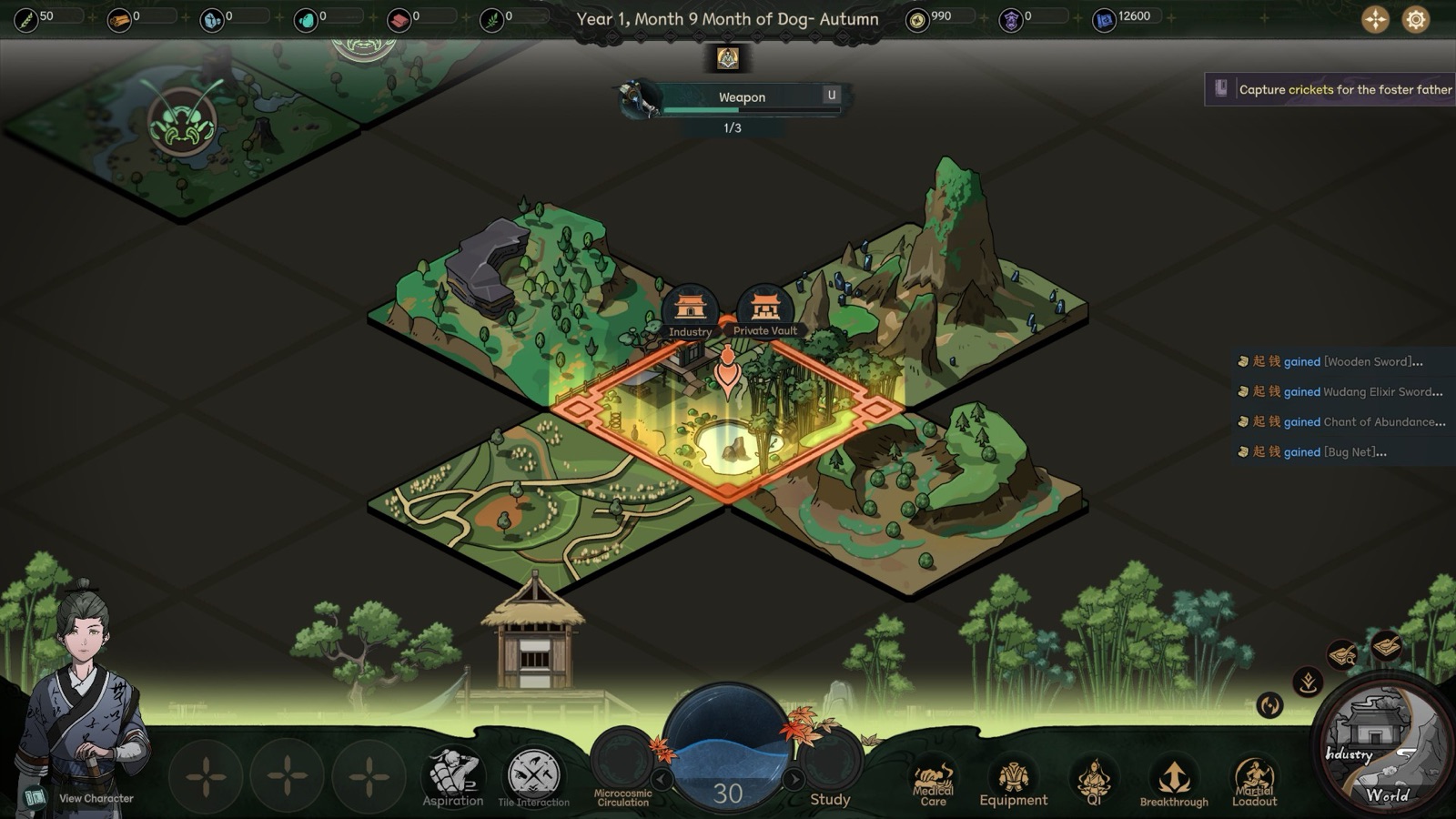 Scroll of Taiwu 1.0 local Region map screen showing the tile grid and the World button in the bottom-right corner for switching to province travel
